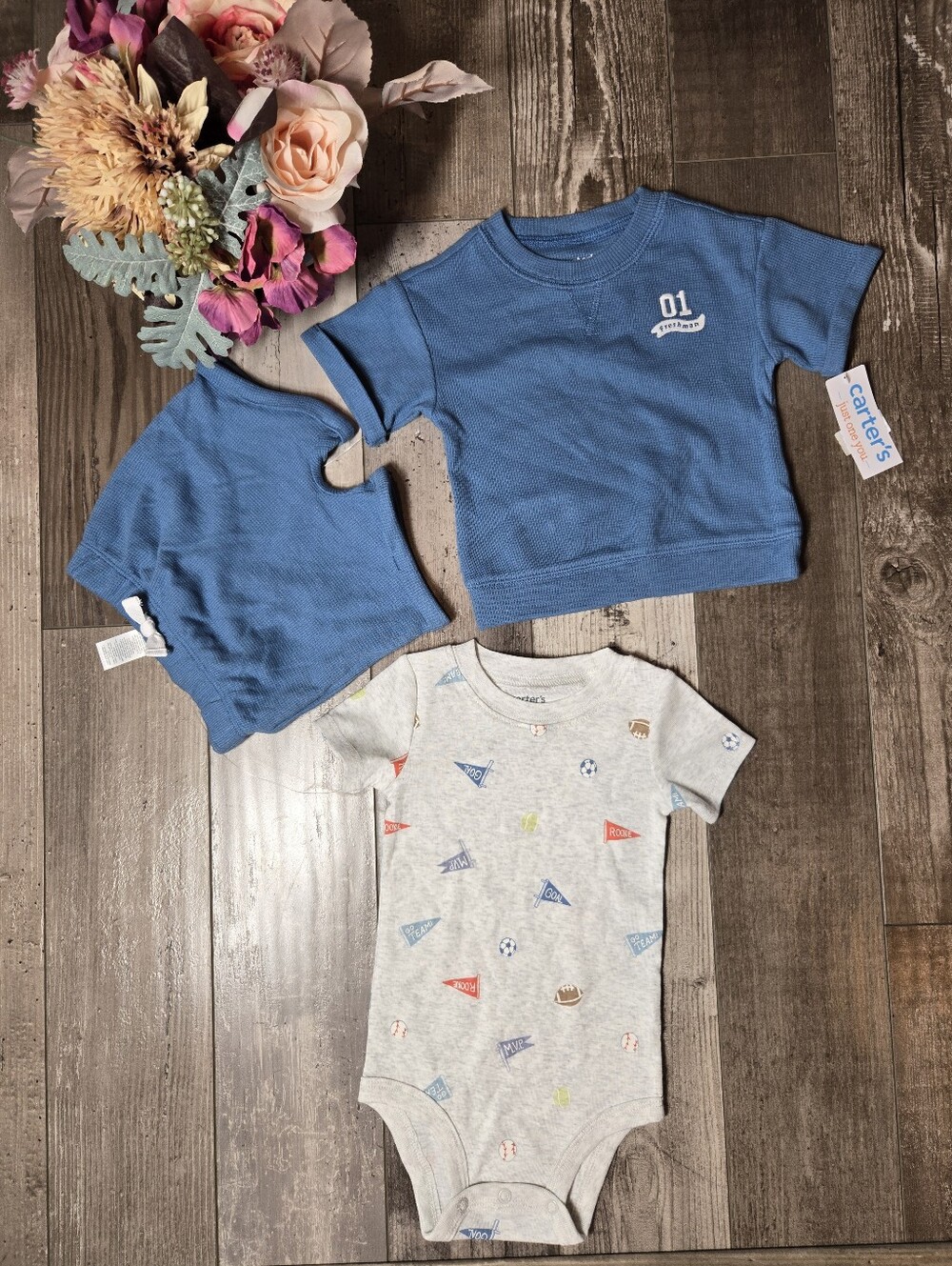 NWT Carter’s Baby Boy 3pc Outfit Set Blue Tee & Gray Bodysuit Size 9m